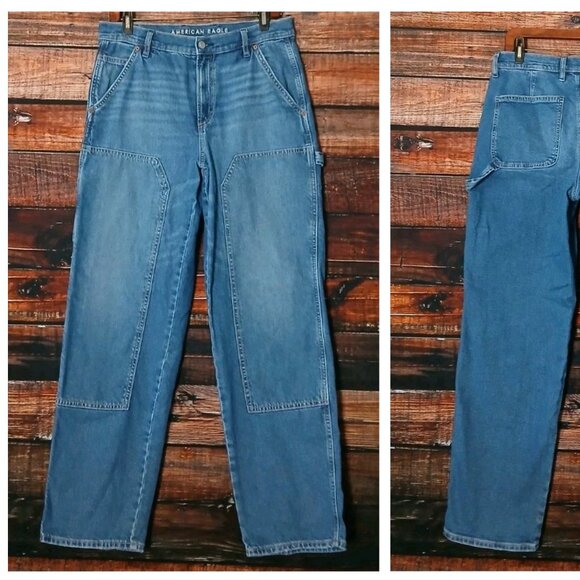American Eagle Carpenter Jeans 8 High Rise Baggy Straight Double Front Denim - Picture 2 of 11
